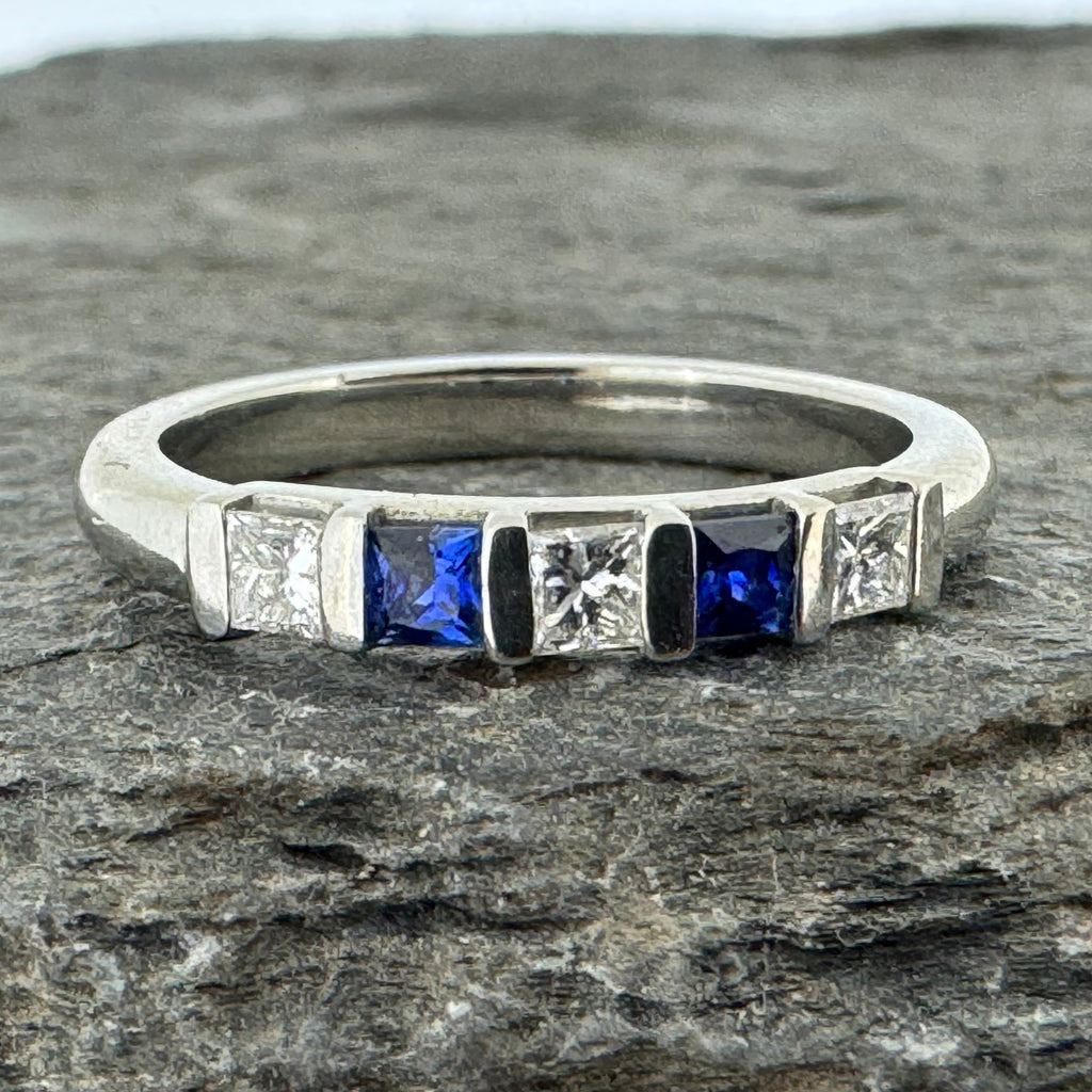 Platinum Ring with Princess Cut Sapphire and Diamonds